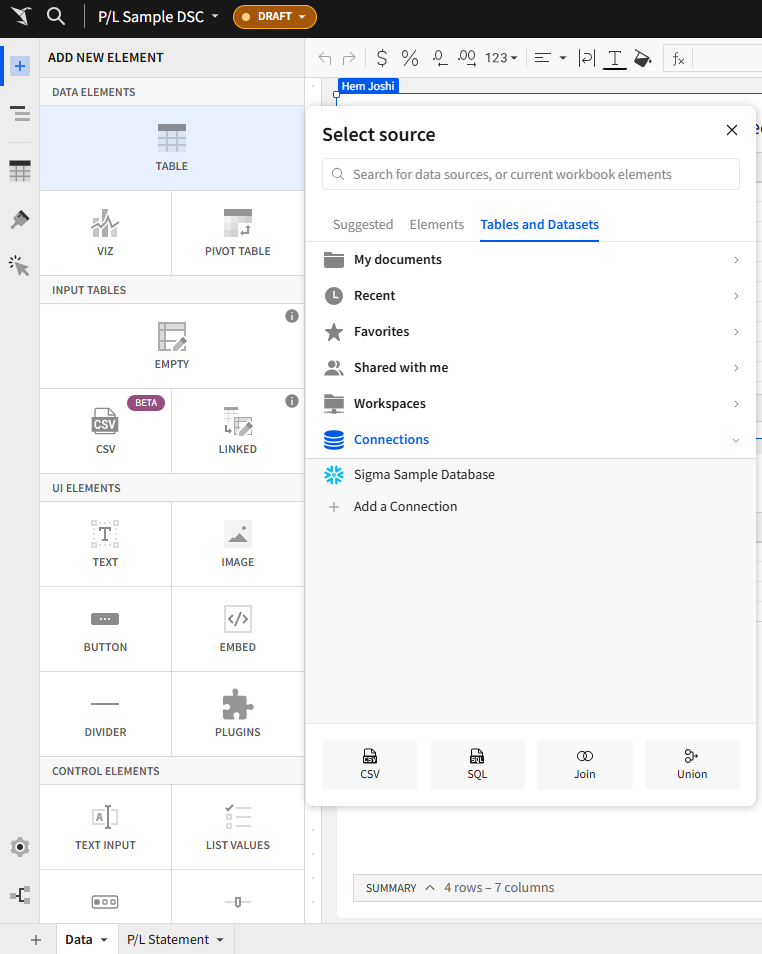 Sigma Add New Element panel open next to the Select source dialog for adding a table or CSV to a workbook