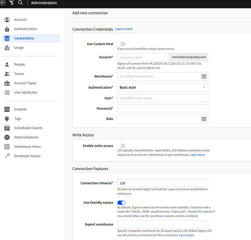 Sigma Snowflake connection form with fields for account, warehouse, authentication, user and role