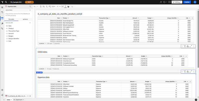 Sigma workbook holding three source tables: six months of P&L data, COGS data and Expense data