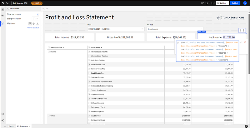 Profit and Loss statement in Sigma showing Total Income, Gross Profit, Total Expense and Net Income tiles with the Net Income formula open