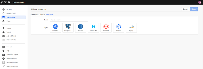 Sigma Add new connection screen offering BigQuery, PostgreSQL, Redshift, Snowflake, Databricks, AlloyDB and MySQL