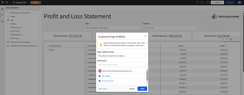 Sigma Customize Page Visibility dialog limiting a Profit and Loss page to selected users and teams